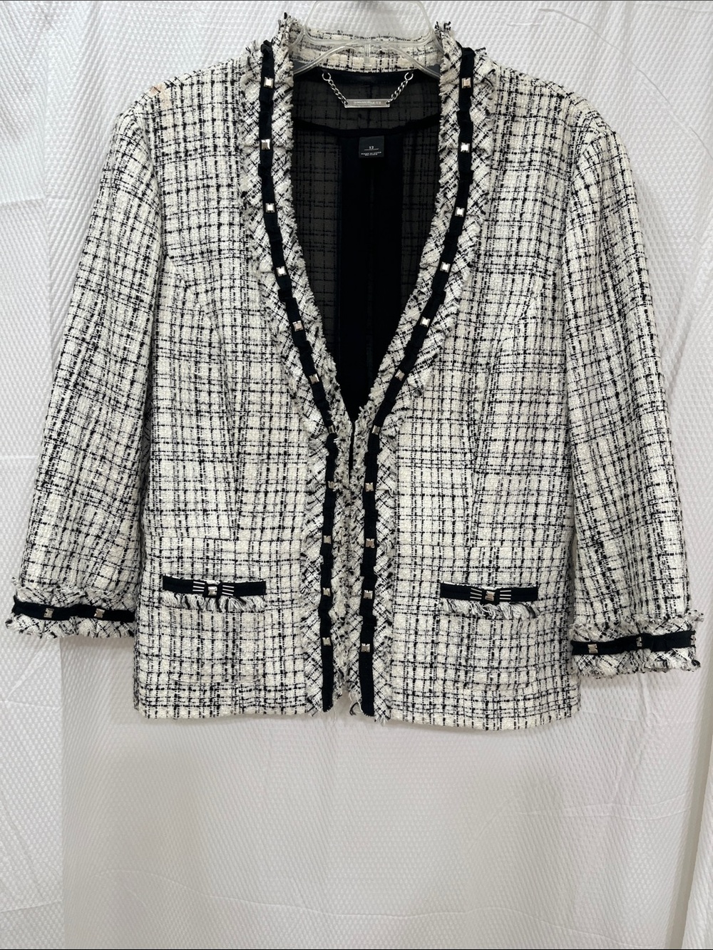 WHBM-Black/White Tweed Bouclé Blazer - Elegant Open Front Jacket-Size 12